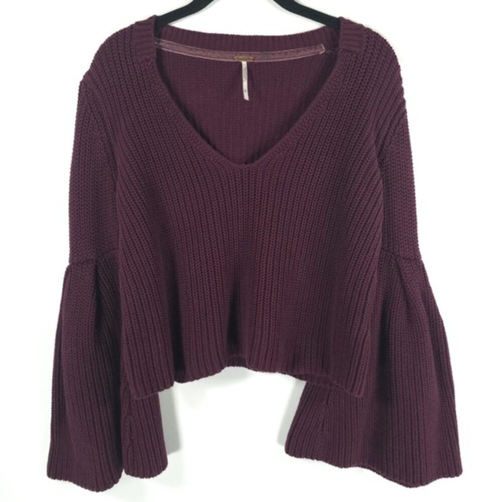 Free People Damsel Sweater Purple Bell Sleeve V Neck Rib Knit Boho Size S/P‎ - Picture 3 of 9